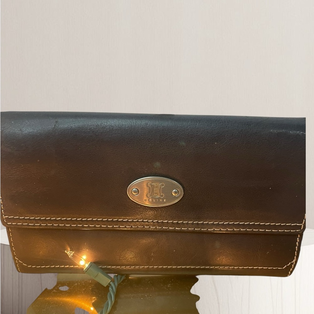 Celine Brown Leather Clutch with Logo